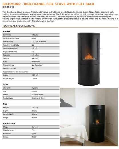 Scandi-Flame Richmond Semi Cylindrical Flat Backed Bioethanol Stove Specs