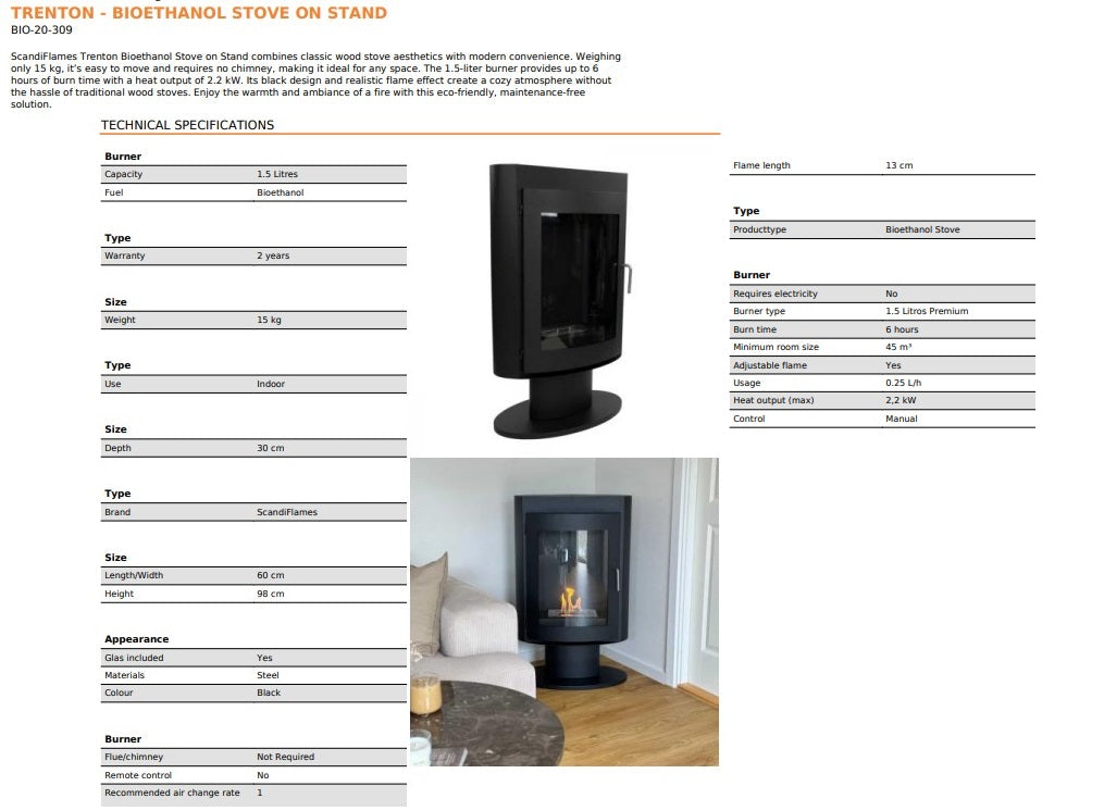 Danish ScandiFlame Eliptic Trenton Oval Shaped Biofuel Stove with Pedestal Specs