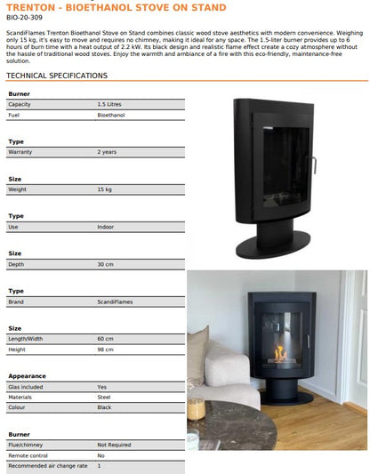 Danish ScandiFlame Eliptic Trenton Oval Shaped Biofuel Stove with Pedestal Specs