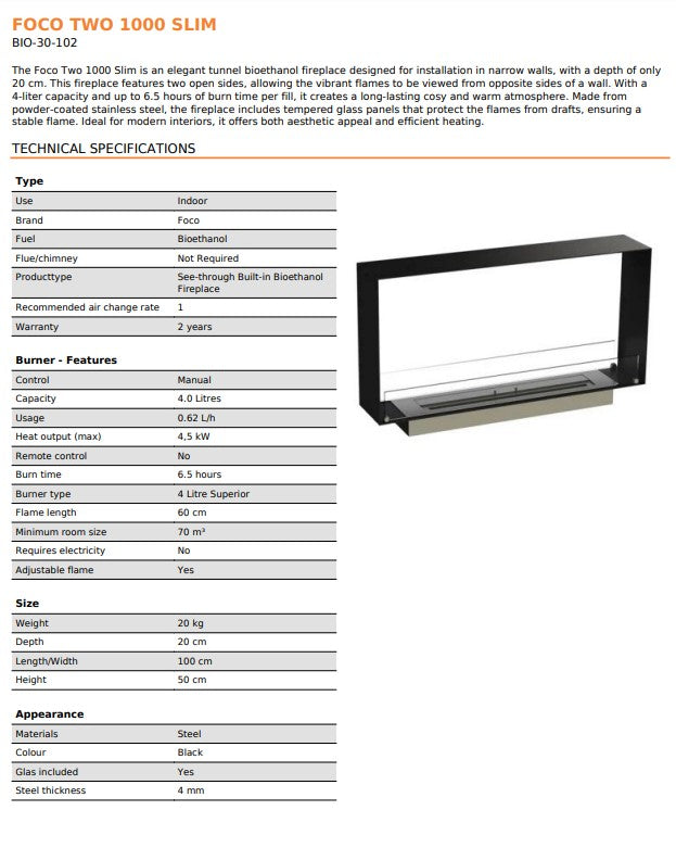 ScandiFlame Foco 1T Meter Double Side Bioethanol Tunnel Fire.