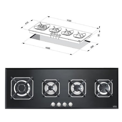 Lofra Vega 120 HGN190 Black Glass 4 Burner Slimline Linear Gas Hob 120cm