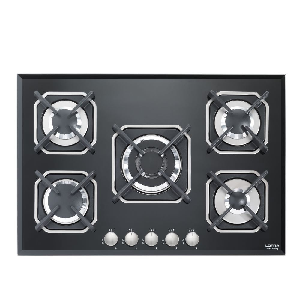 LOFRA SIRIO HGN7EO 75 Black Glass 5 Burner Gas Hob 75cm