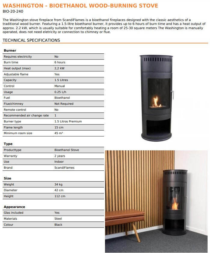 Scandi-Flame Washington Bioethanol Cylindrical Stove with Log Box