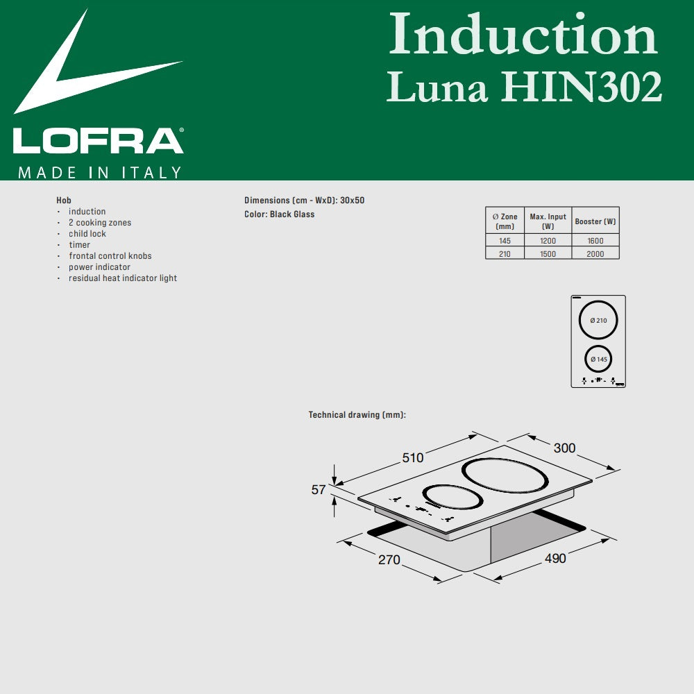 Lofra Induction Luna Hin302 Induction Hob Dimensions & Specs