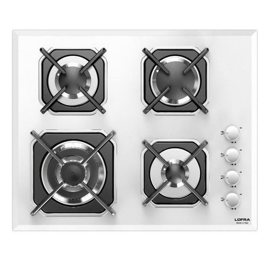 Lofra Mercurio 60 HGB6H0 White Glass Side Control Knobs 4 Burner Gas Hob