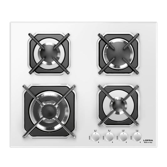 Lofra Mercurio 60 HGB6G0 White Glass Side Control Knobs 4 Burner Gas Hob