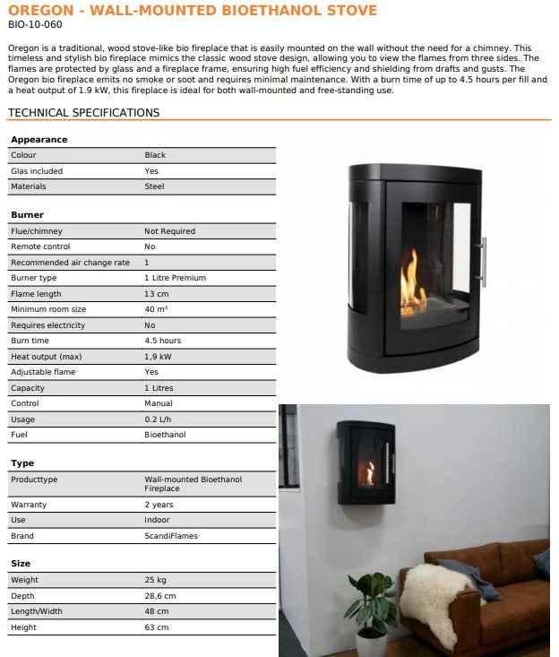 Scandi-Flame Oregon Wall-Mounted Bioethanol Stove – No Chimney, No Problem! Specs