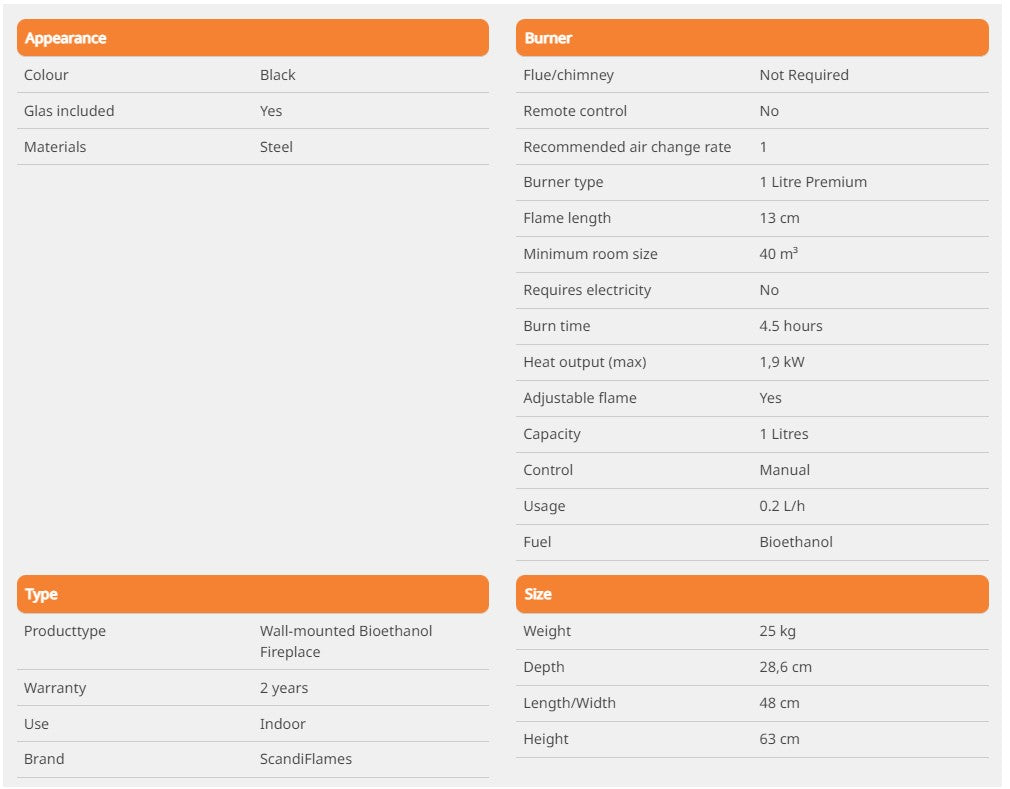 Scandi-Flame Oregon Wall-Mounted Bioethanol Stove – No Chimney, No Problem! Specs