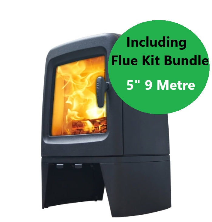 Soft Line Cast Iron Curved Stove FirePod-5 Wood Burning 5KW Stove & Flue Kit Bundle.