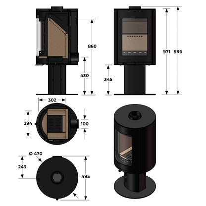 Dimensions of the Rondo 5 Pedestal Wood Burning Cylindrical Stove 5 kw.