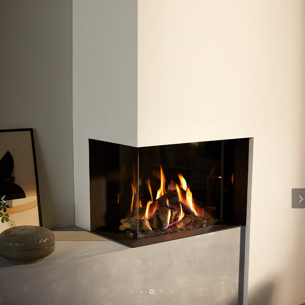 Trimline TL64-2L Left Hand Corner Gas Fire Balanced Flue with Burning Logs & Black Glass Liners.