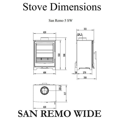 5kw Solid Fuel Stove & Chimney Lining Flue Kit Bundle  - San Remo Wide Stove Bundle Dimensions