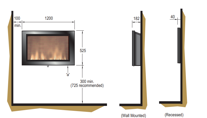 Dimplex SP16 Wall Mounted or Recessed Log Effect Electric Fire Anthracite Black Dimesnions