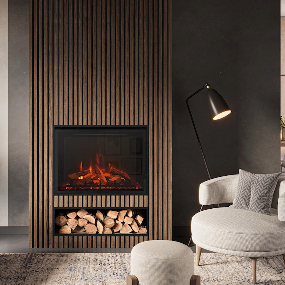 eMotiv 84 Electric Fire black wall wood paneling