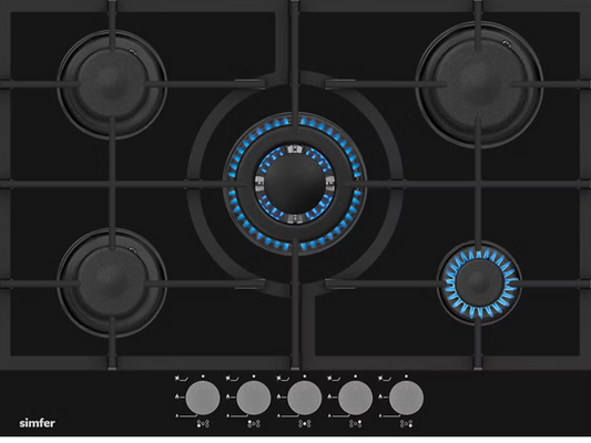 Simfer TGCSIMH7G Gas on Glass 5 Burner Gas Hob with Cast Pot Supports