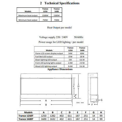 iCONIC Trance 1600 1250 Electric Feature Wall Fire - Dimensions of 2 Models