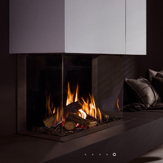 Trimline TL83-3 Panoramic 3 Sided Gas Fire Balanced Flue ,Burning Logs ,Black Glass Liners.