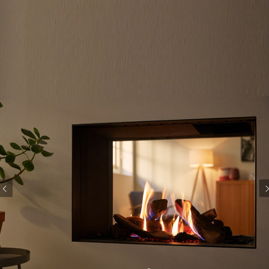 Trimline TL83-2T 2 Sided Tunnel Gas Fire Balanced Flue ,Burning Logs ,Black Glass Liners.