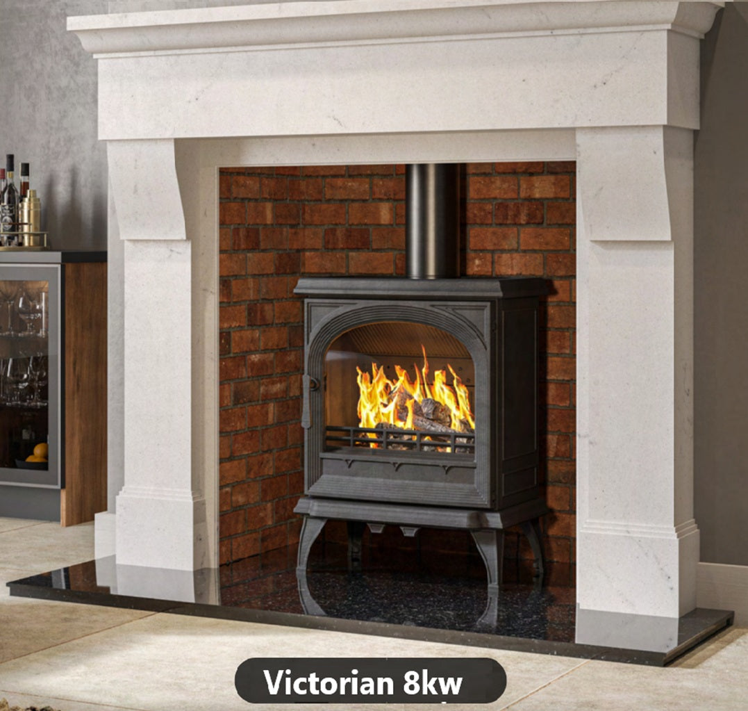 Fireplace with Victorian 8KW Arched Medium Solid Fuel Multi Fuel Cast Iron Stove & Flue Bundle 8.1KW