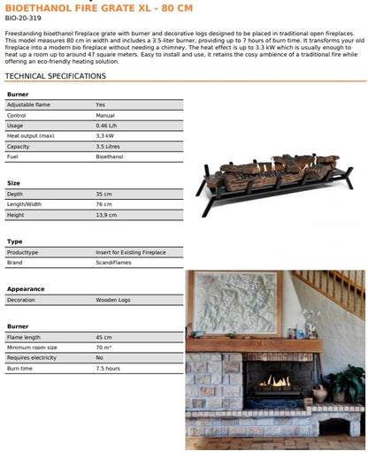 Large 80cm Biofuel Bioethanol Fire Basket & Grate-"The Delaney" with 9 Ceramic Log Pieces Specs