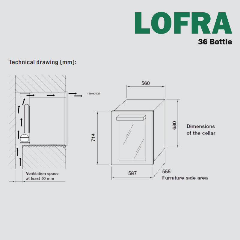 Dimensions of Lofra Dolcevita 36T Integrated Wine Cooler Stainless Steel 36 Bottle Dual Zone Wood Shelving