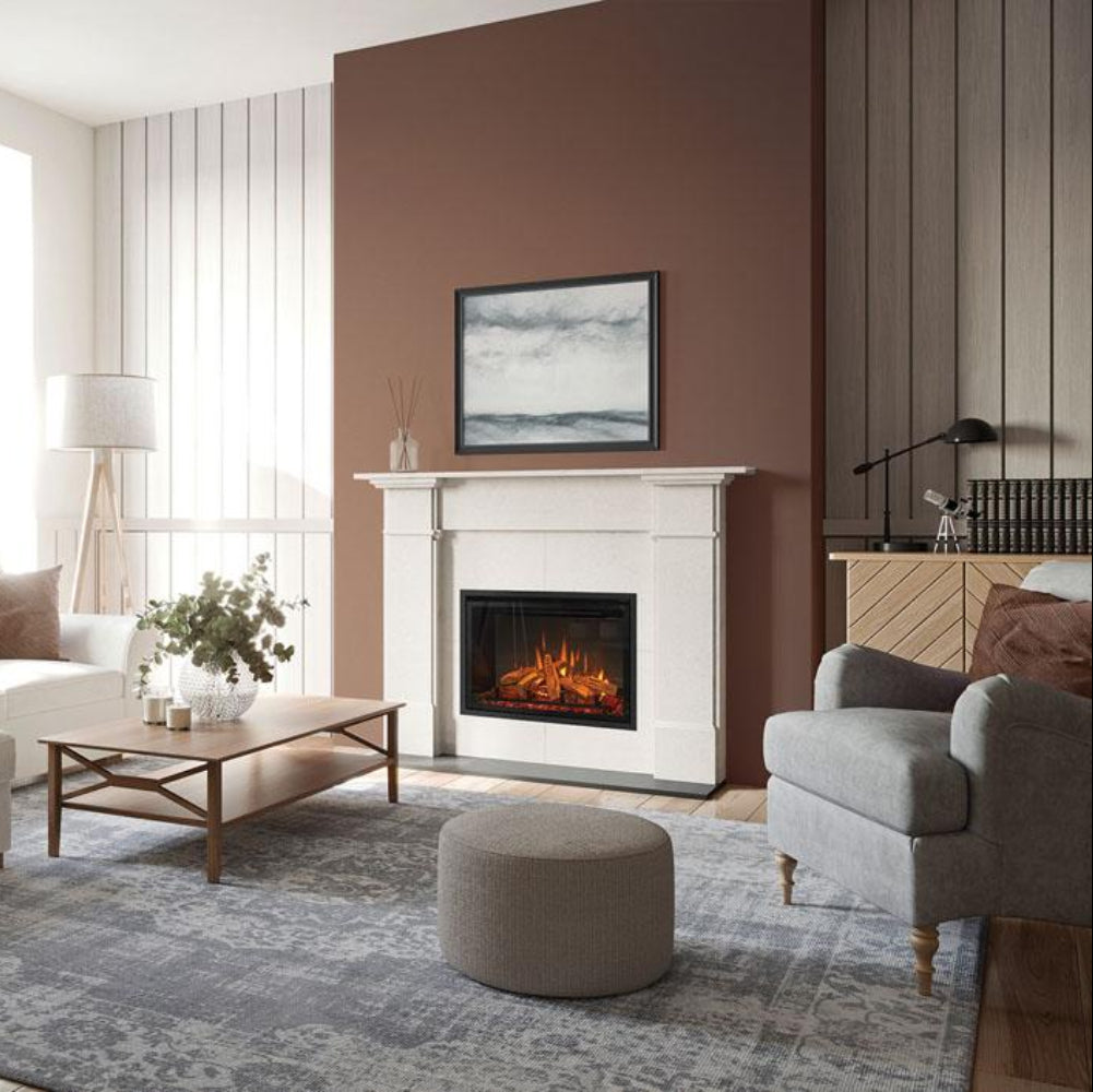 Gazco eMotiv 74 Electric Fire on brown wall white room 