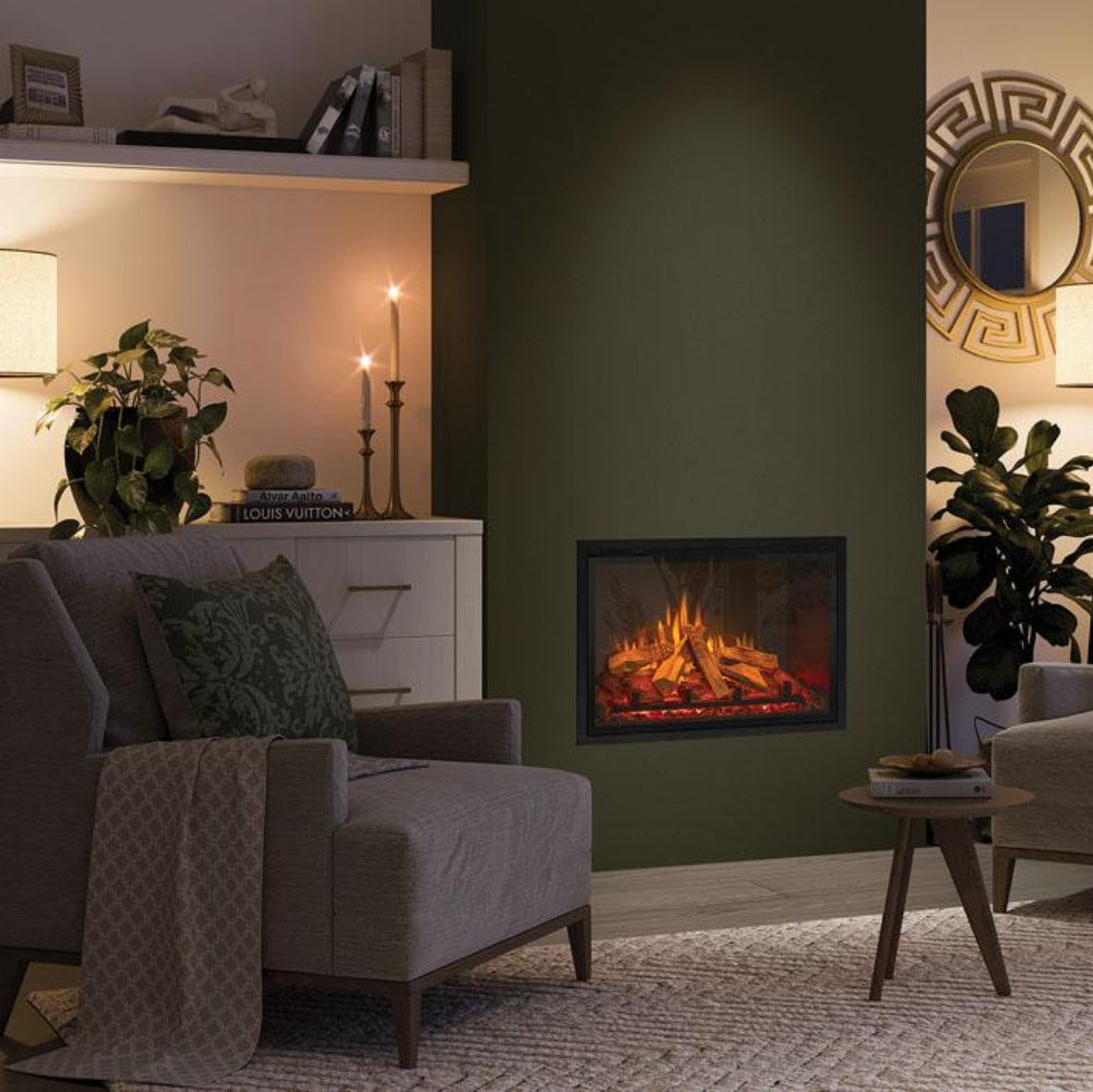 Gazco eMotiv 74 Electric Fire on green wall 