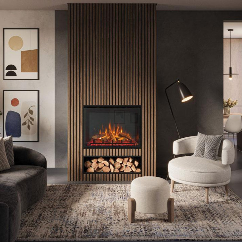 eMotiv 84 Electric Fire paneled wall grey room  