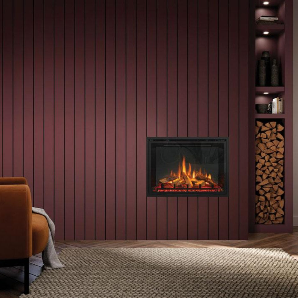 eMotiv 84 Electric Fire red paneled wall 