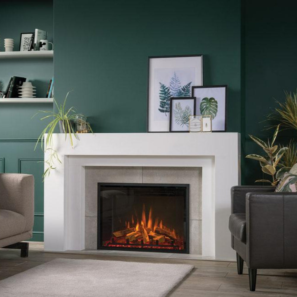 eMotiv 84 Electric Fire green wall white fireplace