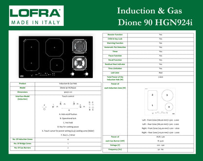 Lofra HGN9241i Black Glass 4 Zone Induction Hob with 2 Gas Burners 90cm