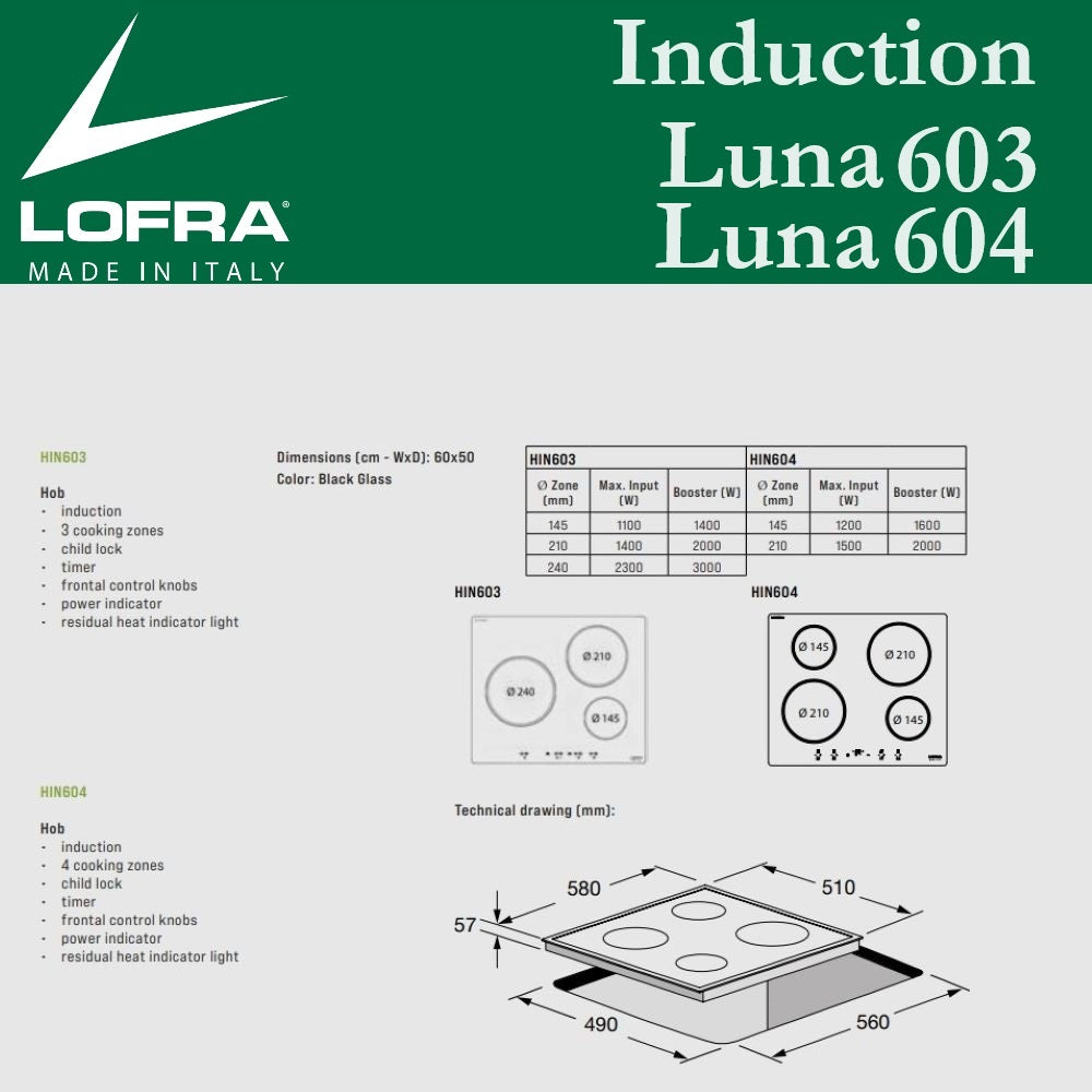 Lofra Induction Luna Hin603 Hin604 Induction Hob Dimensions & Specs