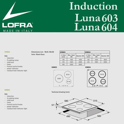 Lofra Induction Luna Hin603 Hin604 Induction Hob Dimensions & Specs