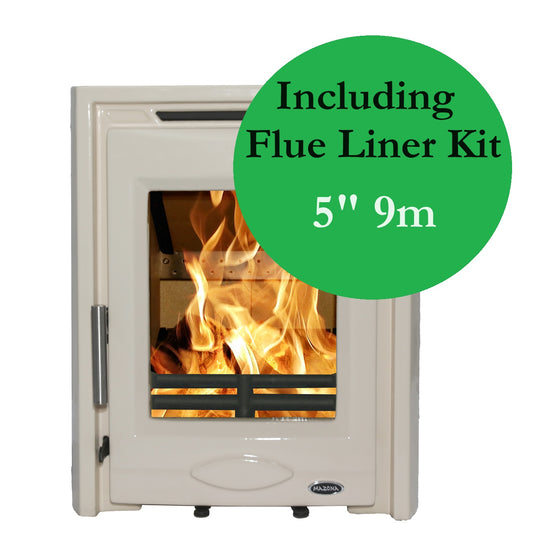 Portland 5 kw Multi-Fuel Solid Fuel Cream Enamel Inset Cast Stove & Flue Kit Bundle 4.6kw