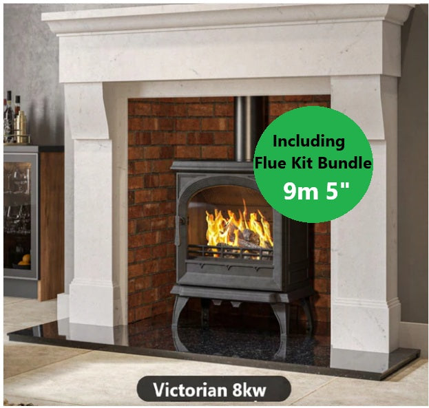 Victorian 8KW Arched Medium Solid Fuel Multi Fuel Cast Iron Stove & Flue Bundle 8.1KW