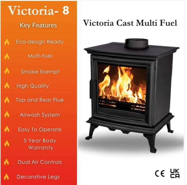 Victorian 8KW Arched Medium Solid Fuel Multi Fuel Cast Iron Stove & Flue Bundle 8.1KW