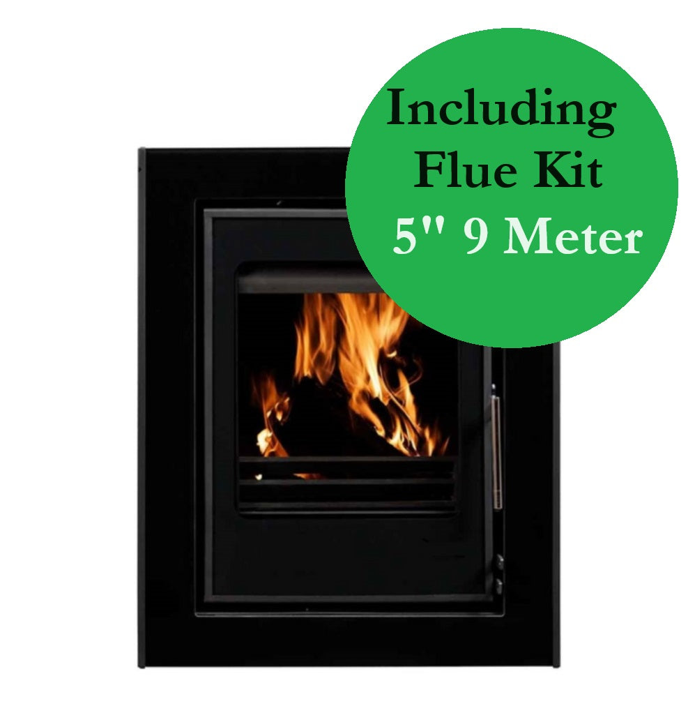 Vitae 5kw Portrait Glass Door Solid Fuel Wood Burner Inset Stove & Flue Bundle (9m Flue Kit)