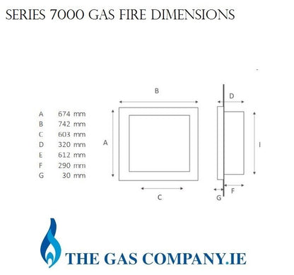 Series 7000 Deluxe HE High Efficiency Matt Black Framed Square Wall Gas Fire Dimensions