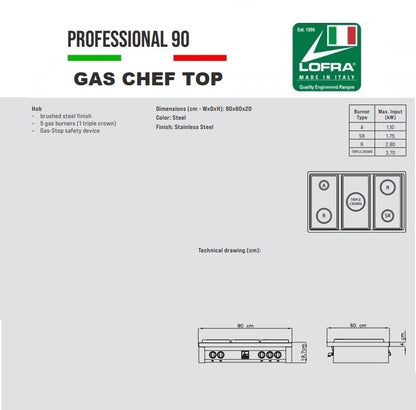 Lofra Professional 90 Range Top TAS96/5 Gas Chef Top Range Cooker Hob 90cm