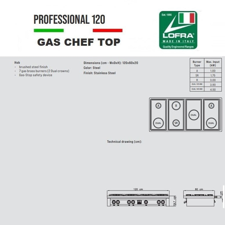 Dimensions of Lofra Professional 120 Range Top TAS126/7 Gas Chef Top Range Cooker Hob 120cm