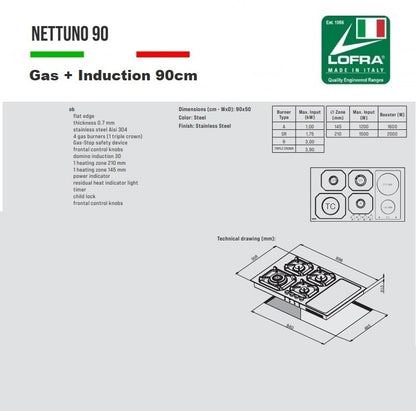 Lofra Nettuno 90 Dual Hob HLS9G2I Low Profile Gas and Induction Hob 90cm Sizes