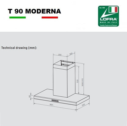 Lofra T90 Moderna Professional Stainless Steel Cooker Hood Extractor Fan 90cm