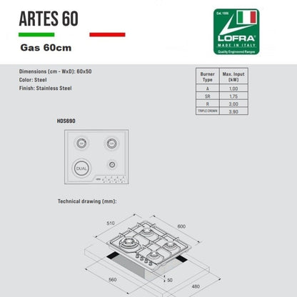 Lofra Artes HDS640 4 Burner Gas Hob Stainless Steel 60cm