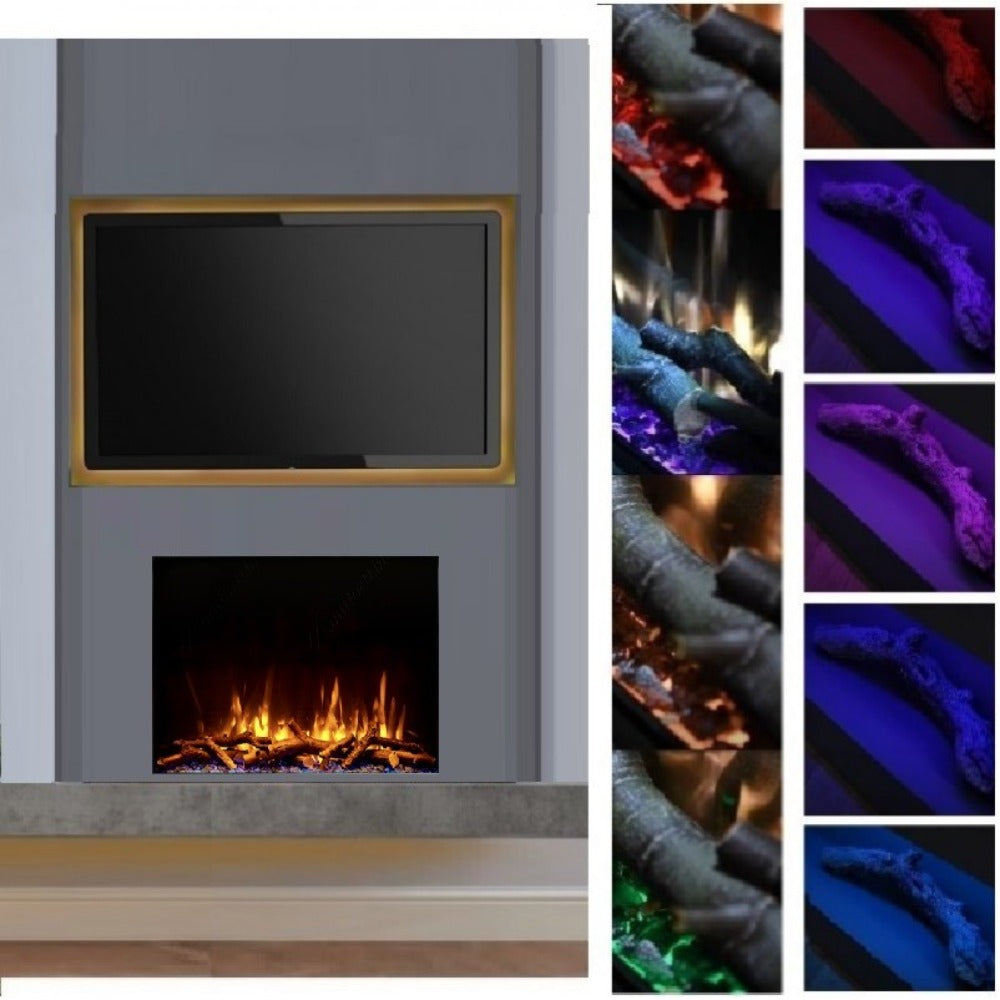 C&J iRange i790e Slimline Multi-Sided Electric Fire with REAL CHOPPED WOOD LOGS