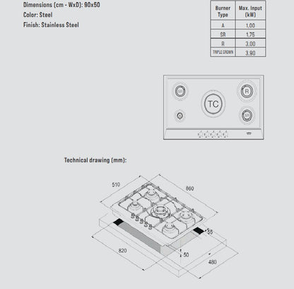 Lofra Artes 90 HDS9T0 5 Burner Gas Hob Centre Position Wok Burner 90cm