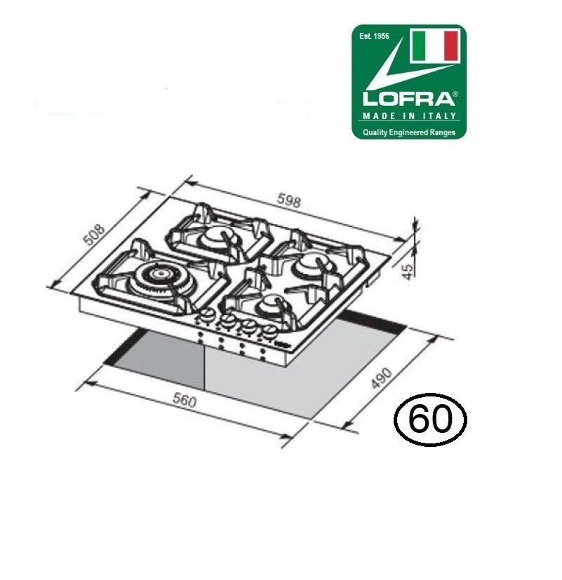 Lofra Urano 60 HLS6G0 4 Burner Stainless Steel Low Profile Gas Hob 60cm