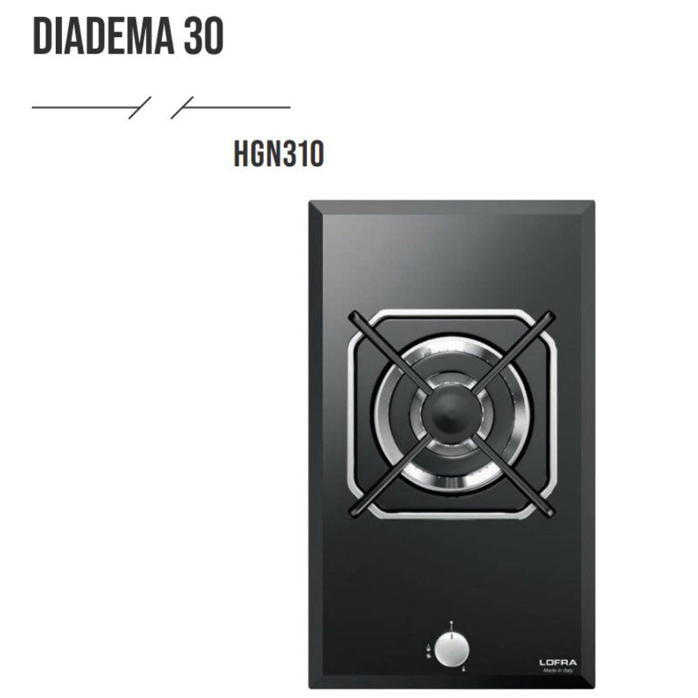 Lofra Diadema HGN310 Single Burner Black Glass Domino Gas Hob 30cm