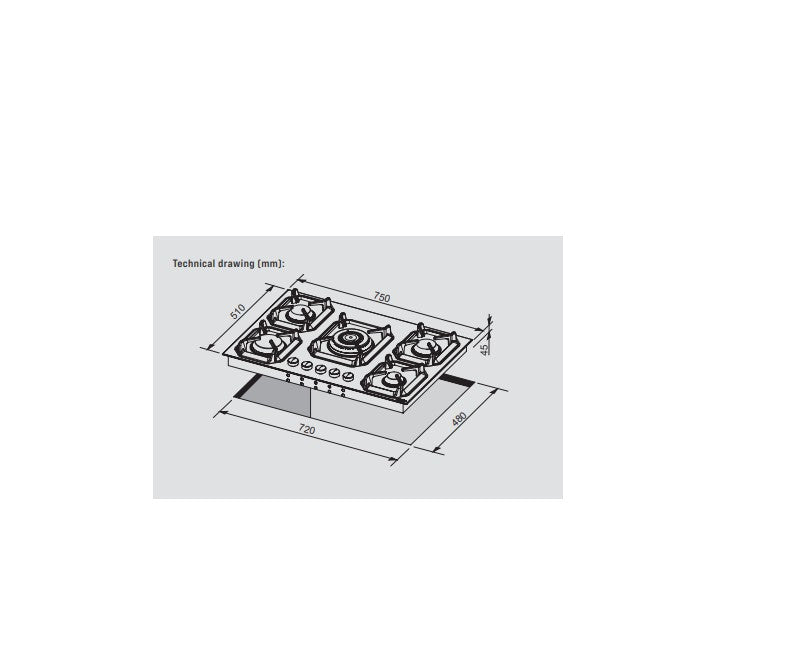 Lofra Urano HLS7D0 5 Burner Stainless Steel Low Profile Gas Hob 75cm