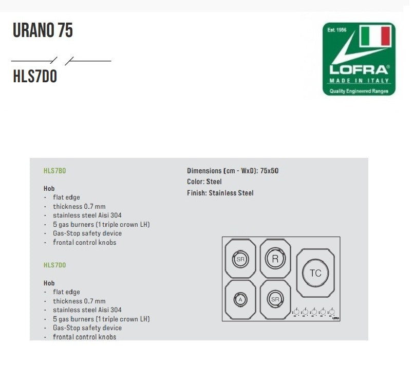 Lofra Urano HLS7D0 5 Burner Stainless Steel Low Profile Gas Hob 75cm