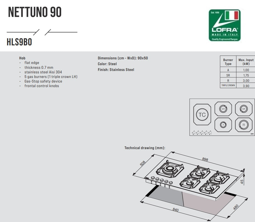 Lofra Nettuno HLS9B0 90 5 Burner Stainless Steel Low Profile Gas Hob 90cm Dimensions